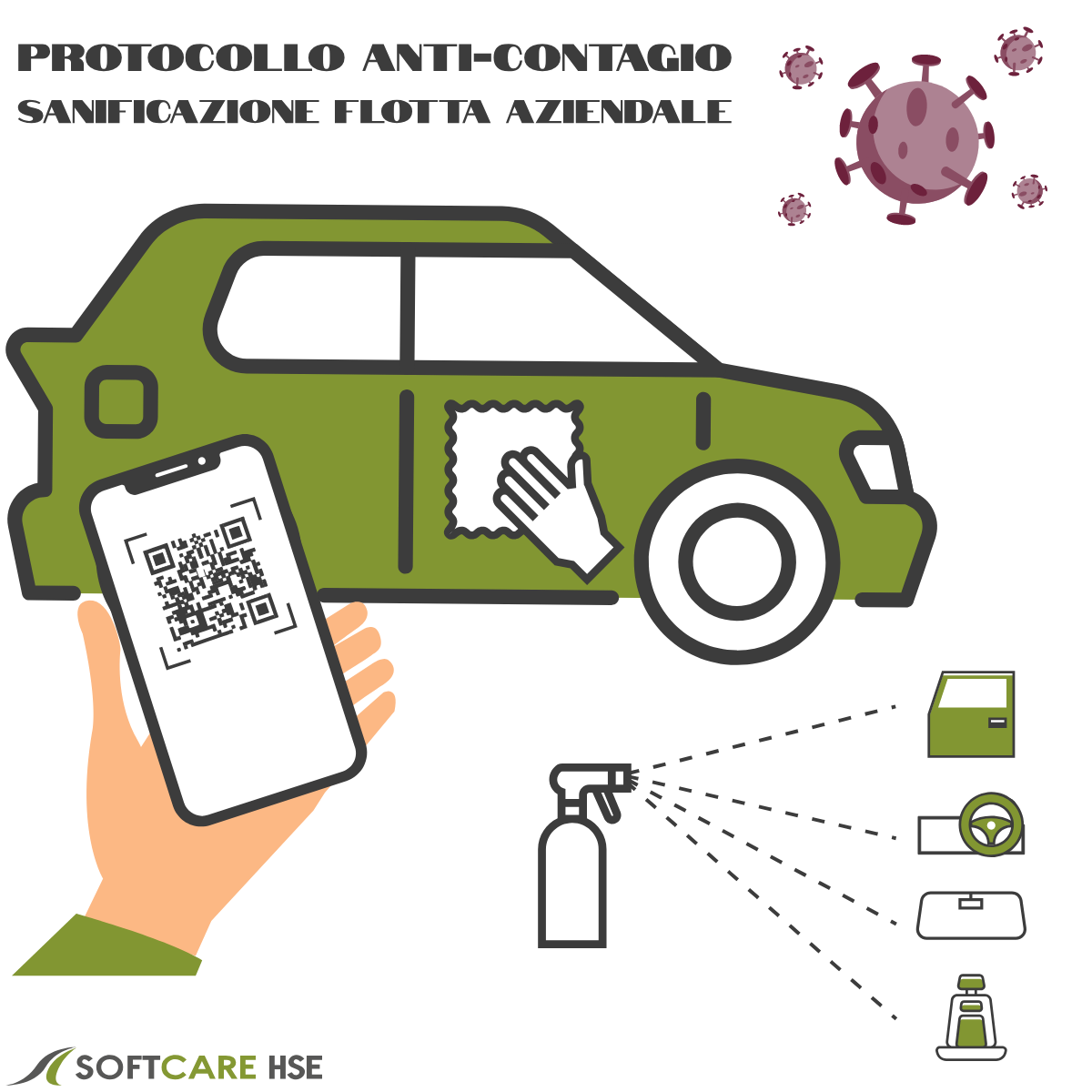 SOFTCARE HSE dedica particolare attenzione al protocollo anti-contagio e la sanificazione della flotta aziendale, per prevenire l'infezione SARS-CoV-2019.